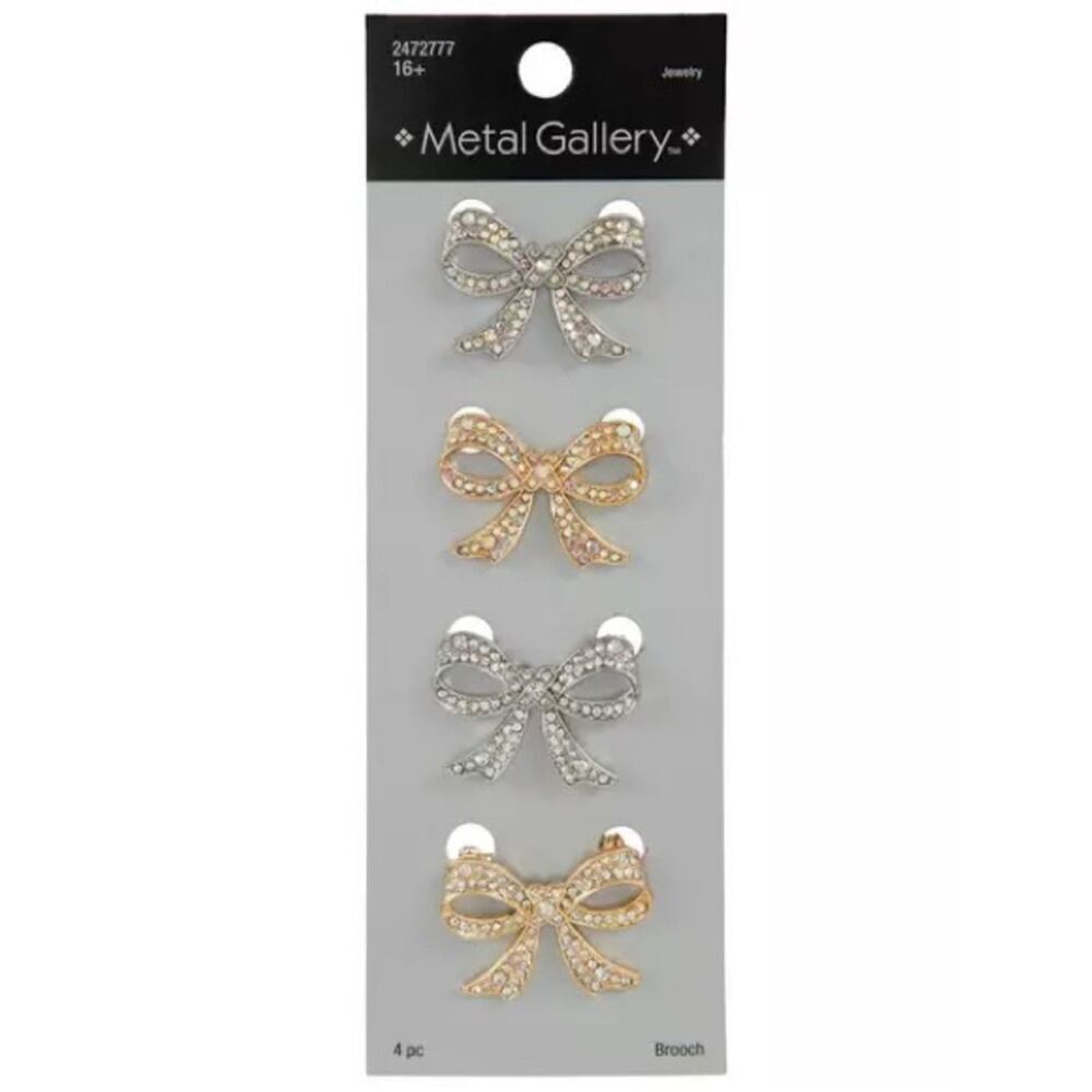 New Metal Gallery Bow Brooch Set - Mixed Silver & Gold Rhinestone Bows